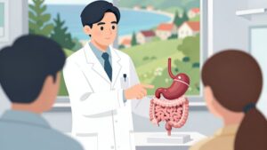 Врач объясняет результаты диагностики заболеваний ЖКТ жителей поселка Ольга на анатомической модели